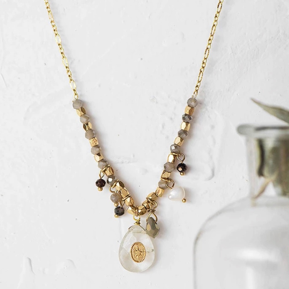 Stamped Waterdrop Crystal Charms Gold Necklace